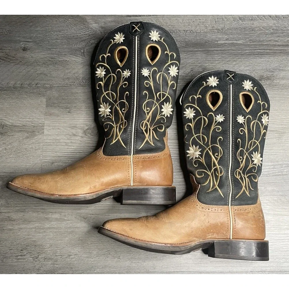 Twisted X Women’s Floral Embroidered Boots Black/Tan Cowgirl Sz 9.5 B